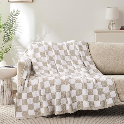 Checkered Throw Blanket, Taupe Soft Cozy Fluffy Knitted Throw Blankets for Couch, Sofa, Bed, Chair, Warm Fuzzy Travel Picnic Lightweight Plaid Blanket, 50x70 inches
