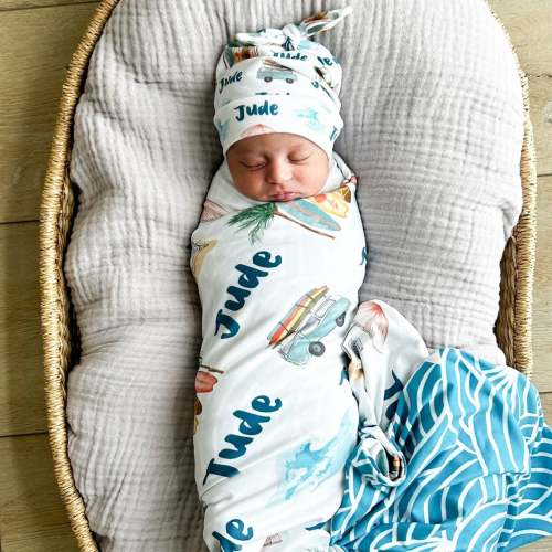 Personalized Swaddle & Hat Set | Wave Rider – Audrey & Bear