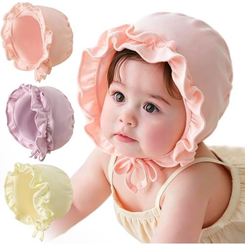 3 Pack Baby Girl Ruffle Bonnet Hats 3-24M, Soft Cotton Newborn Infant Caps