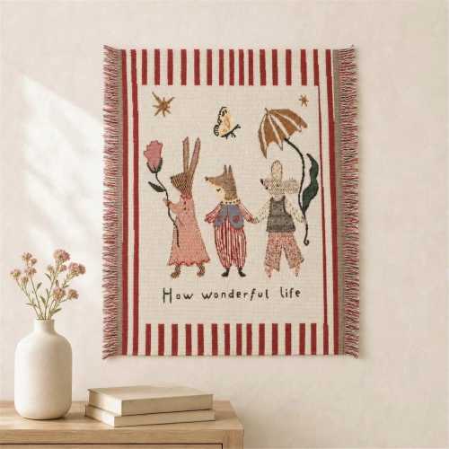 Woven Animal Tapestry, Fringed Polyester-Cotton Wall Hanging, Vintage Cottagecore Nursery Decor