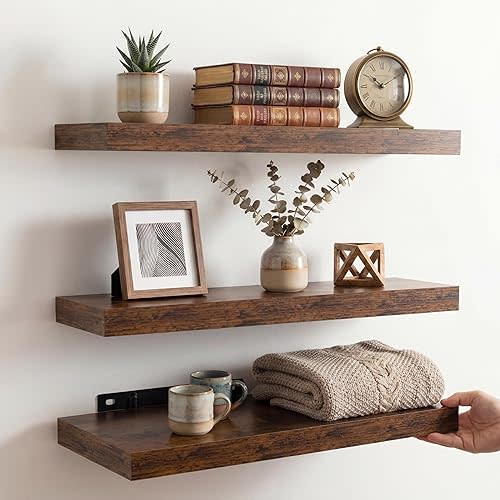 franko21 16 Inch Oak Floating Shelves Set of 3, Brown Wall Mounted Shelves with Hidden Brackets, Thin Floating Shelves for Wall Decor, Kitchen Bathroom Bedroom Office