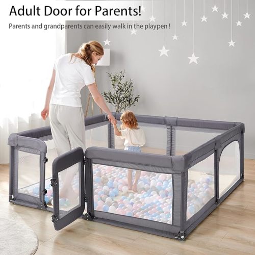 Baby Playpen,Extra Large Playpen for Babies and Toddlers, Sturdy Play Pen Play Yard with Safety Gate,79”x59”Baby Play Pen(Deep Grey)