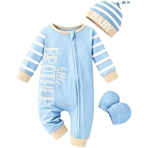 Baby Boy Clothes Newborn Baby Romper Long Sleeve Stripe Jumpsuit with Hat and Gloves Newborn Boy Outfits