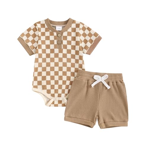 MA&BABY Newborn Baby Boy Girl Clothes 3 6 9 12 18 Months Ribbed Knit Short Sleeve Romper Shorts Set Infant Summer Outfits (Checkered- Khaki, 3-6 Months)