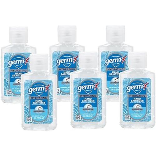 Germ-X Hydrating Hand Sanitizer, with Hyaluronic Acid, 2 Fl Oz (Pack of 6), No Rinse Formula, Sanitizing Liquid Gel for All Skin Types, Formulated without Parabens, Phthalates & Dyes