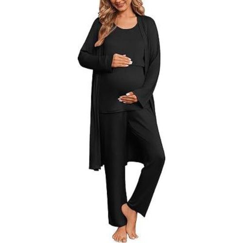 Ekouaer Nursing Pajamas Maternity Robe Set 3 Pieces Postpartum Maternity Pajama Set Pregnancy Breastfeeding Pj Black S