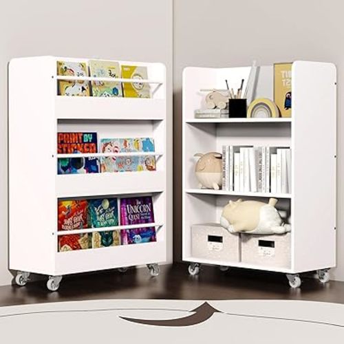 Kids Bookshelf, Double-Sided Toddler Bookcase with Organization and Storage, Wooden Book Display for Kids Room, Classrooms, Playrooms, and Nursery, Front Facing Childrens Bookshelf (White)