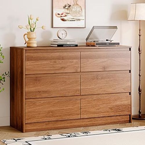 6 Drawer Dresser,47" Wide Mid Century Chest of Drawers,Wooden Bedroom Drawer Dresser with 6 Storage Drawers for Bedroom,Living Room,with Anti-Tipping Device,Dark Walnut