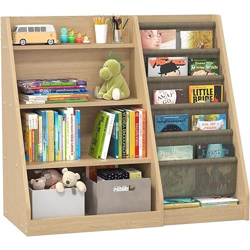 Montessori Kids Bookshelf, Wooden Baby Bookshelf with 4 Tier Toy Storage Shelf & 6 Fabric Sling Rack for Bedroom Playroom Nursery