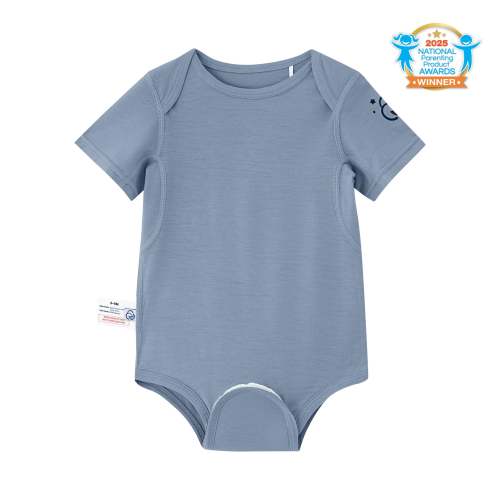 ClimaCuddle® Baby Bodysuit Short Sleeve - Merino Wool & Rayon From Bamboo - Misty Blue