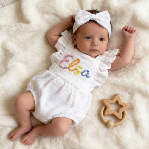 Personalized Linen Baby Romper, Embroidered Name Bubble Romper, Baby Girl Summer Outfit, Cotton Muslin Romper Dress, First Birthday Gift