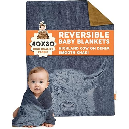 Dear Baby Gear - Reversible Baby Blankets - Soft Nursery Blanket for Newborn - Toddler Blankey - Throw Blanket for Boys & Girls - Infant Blankets - 40x30 (Highland Cow on Denim - Smooth Khaki)