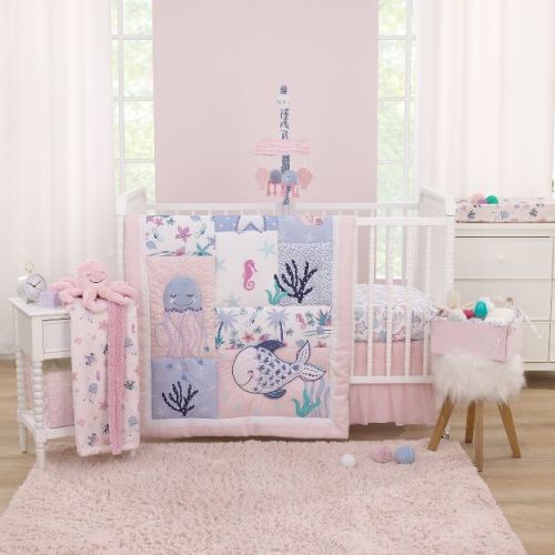 NoJo Mermaid Lagoon Pink, Blue and White Undersea Friends, Fish, Coral, Jellyfish and Starfish 4 Piece Nursery Crib Bedding Set