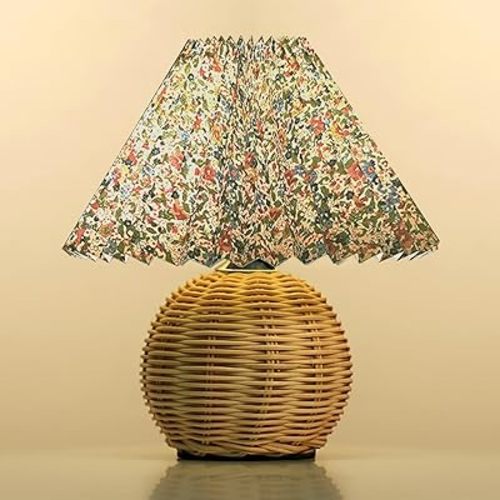 Pleated Table Lamp Bedside Night Lamp, Rattan Base, Fabric Pleated Lampshade, Adjustable Light Color and Brightness, USB Powered, Vintage Style Light for Bedroom Living Room Office (Sphere-Floral)