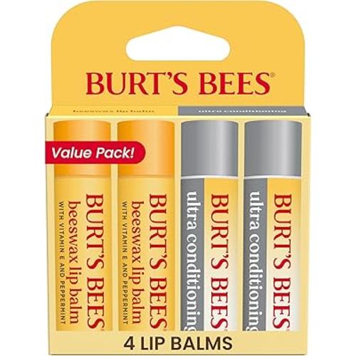 Burt's Bees Stocking Stuffers, Lip Balm Beeswax and Ultra Conditioning Lip Balm Pack, Hydrating Lip Moisturizer with Kokum and Shea Butter, Natural Origin Lip Care, 4 Tubes, 0.15oz.