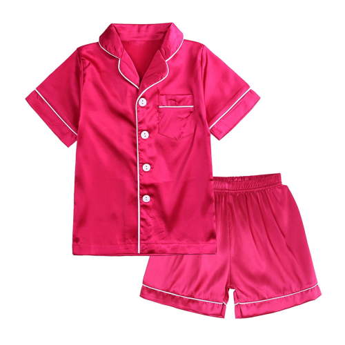 Odeerbi 6M-13Y Infant Boys Girls Silk Satin Pajama Set Cute Soft Pajamas Toddler Kids Solid Color Short Sleeve Sleep Suit Baby Clothes Hot Pink