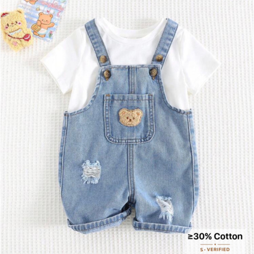 Cozy Pixies Baby Boy Cartoon Bear Graphic Front Pocket Distressed Denim Bib Shorts | SHEIN USA
