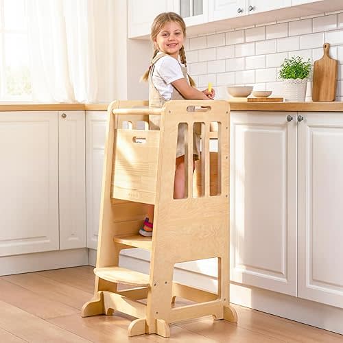 WINGYZ Toddler Tower - Anti-Tip Natural Wood Learning Stool for Kids 18M-6Y, 150lb Capacity Kitchen Helper Stool with 3-Height Adjustable Platform and Sliding Door Access, 20lb Portable Design, Wood