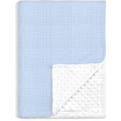 Baby Blankets for Boys, Soft Nursery Minky Blankets with Muslin and Dotted Fleece Back 30x40 inches, Receiving Bed Quilt for Newborn, Infants, Toddlers (Light Blue)