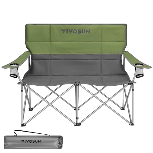 [outlets]VIVOSUN Double Camping Chair, Fully Padded Folding Loveseat, Portable Oversized Duo Chair with Storage Cup Holders, Height-adjustable Armrests & Carry Bag, Supports up to 500lbs, Green & Grey
