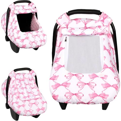 Car Seat Cover Baby, HNHUAMING Infant Car Seat Covers Canopy for Baby Girl Boy, Cozy & Windproof Newborn Carseat Covers Minky Dot Backing Stroller Cover with Breathable Mesh Window, Pink Bow