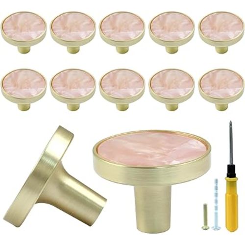 Bonsicoky 12 Pcs Gold Knobs for Dresser Drawers, Round Dresser Cabinet Knobs Pulls for Kitchen Cabinet Cupboard Door Furniture Decorative, Pink