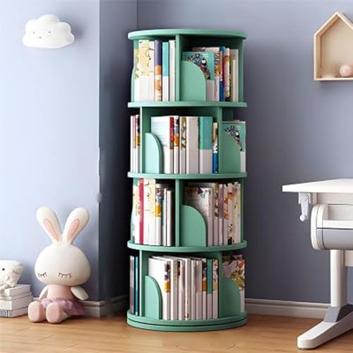 Round Rotating Bookcase 360 Degrees Solid Wood Bookshelf Organizer 4 Tier Storage Book Display Free-Standing Rack -Green 15.7" L x 15.7" W x 50" H