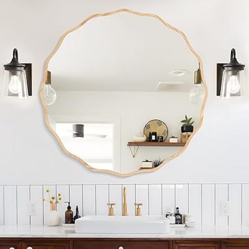 32 Inch Wavy Round Wall Mirror - Modern Decorative Circle Mirror for Bathroom, Bedroom, Living Room, Nursery, Office Entryway - Natural Wood Frame