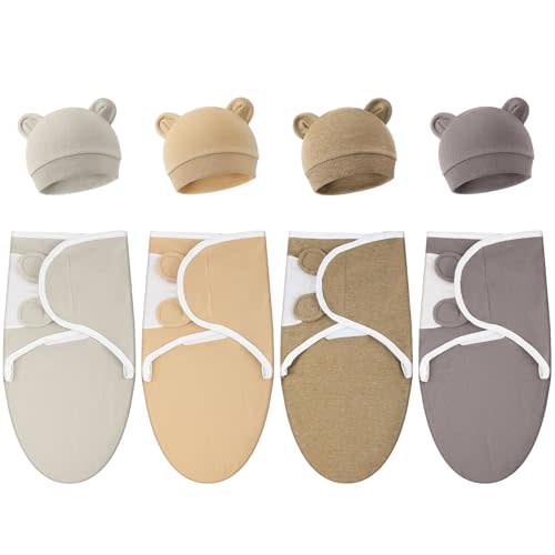 Buryeah 4 Pack Preemie Swaddle Blanket Wrap Set with Hat for Baby Boys Girls 3-7 Lbs Preemie Newborn Clothes Sleepers Cap