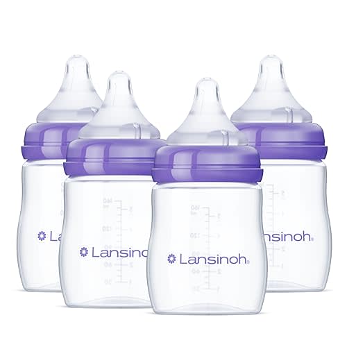 Lansinoh Anti-Colic Baby Bottles, BPA-Free Plastic, 5 Ounces, 4 Count, Slow Flow Nipples (Size S), Breastfeeding Bottle with NaturalWave Design