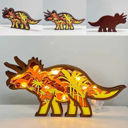 Custom Wooden 3D Carved Triceratops with Lights,Wood Animals Desk Decor,Wooden Animal Lights,Custom Birthday Gift,Gift for Kids,Wooden Gift