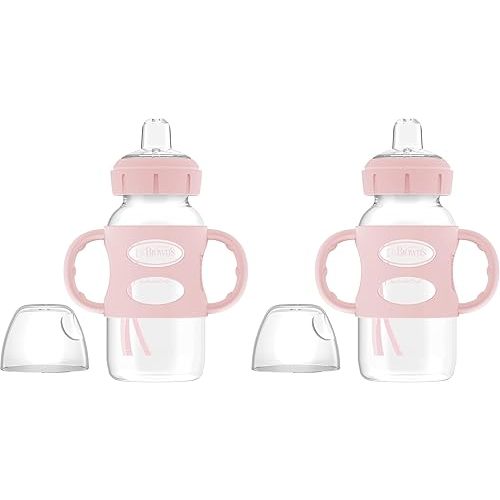 Dr. Brown's Milestones Wide-Neck Sippy Spout Bottle with 100% Silicone Handles, Easy-Grip Handles with Soft Sippy Spout, 9oz/270mL, Light-Pink, 2-Pack, 6m+