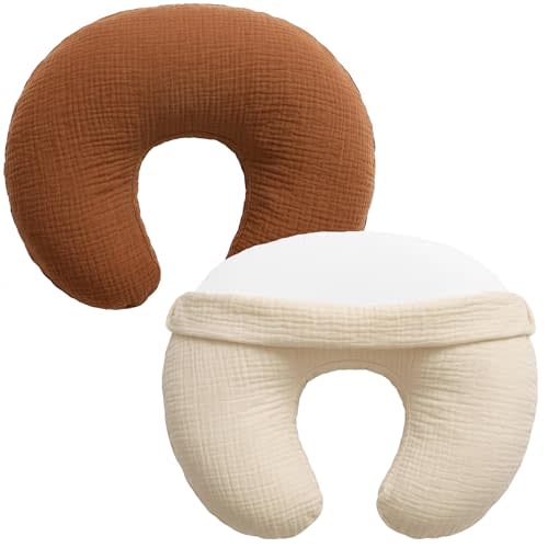Pro Goleem Muslin Nursing Pillow Cover, 100% Cotton Soft Breathable Feeding Pillow Slipcover for Breastfeeding Moms, Fits Standard Infant Nursing Pillow, for Boys and Girls, 2 Pack (Brown＆Beige)