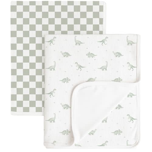 Konssy Knit Baby Blanket 2 Pack, Soft Ribbed Swaddle Receiving Blankets for Boys & Girls, Lightweight Cozy Warm Crib Blanket for Newborns, Infants, & Toddlers, 33x42 Inch (Baby Green Plaid,Green Dino)
