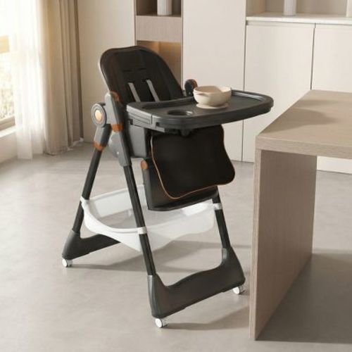 Adjustable Baby High Chair 0-6 Years, Portable Infant Feeding Seat with Safety Belt, Silent Lockable Wheels, Easy-Clean Design for Home, Dining, Black