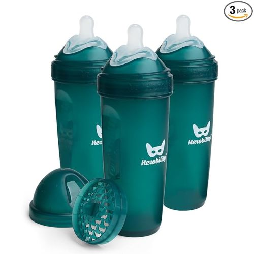 Herobility Anti-Colic Baby Bottles 12 fl oz/340ml - Pack of 3 Plastic Baby Bottles, Fast Flow Plastic Bottles, Breast-Shaped Teat for Breastfed Babies, Small Baby Bottles, Swedish Design, Dark Green