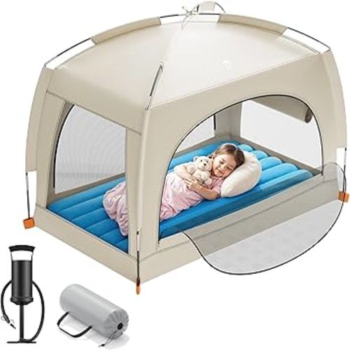 QPAU Inflatable Toddler Travel Bed with Tent – Lightweight Blow Up Kids Air Mattress with Hand Pump – Indoor & Outdoor Portable Sleeping Solution for Camping, Travel, Home, Grandma’s – Ages 3+