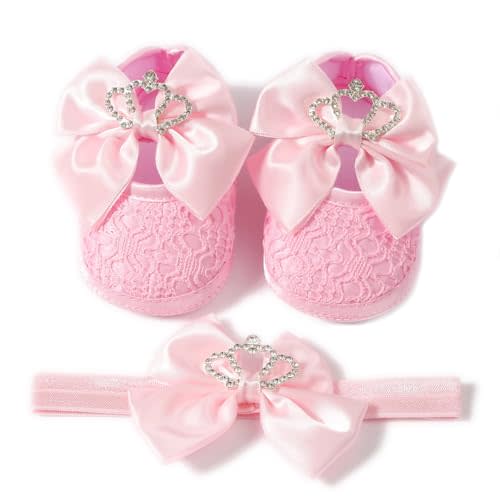 Newbron Baby Girls Mary Jane Shoes with Headband Soft Sole Anti-skidding Crown Bowknot Lace Princess Flats Infant Shower Wedding Dress Crib Shoes