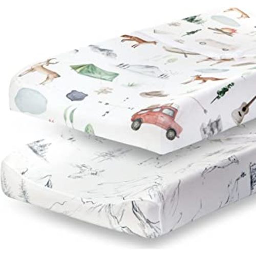 Pobibaby - 2 Pack Premium Changing Pad Cover - Ultra-Soft Cotton Blend, Stylish Woodland Pattern, Safe and Snug for Baby (Explore)