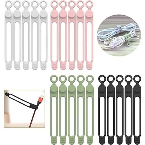 [20Park]UMUST Silicone Cable Ties,Reusable Cable Management Organizer, Multipurpose Elastic Cord Organizer for Bundling and Fastening Cable Cords Wires(black,white,pink,green)