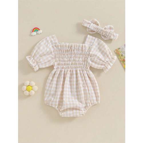Infant Baby Girl Plaid Romper Baby Pleated Romper Ruffle Festival Bodysuit Spring Summer Clothes With Headband | SHEIN USA