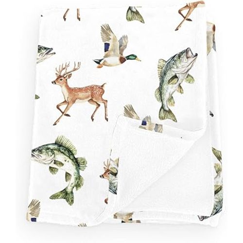 Vintage Deer Mallard Duck Fish Baby Boy Girl Blankets Flannel Fleece Blanket for Kids Infant Newborn Breathable Toddler Wild Animals Hunting Blankets for Crib Stroller Hunt 30x40inch