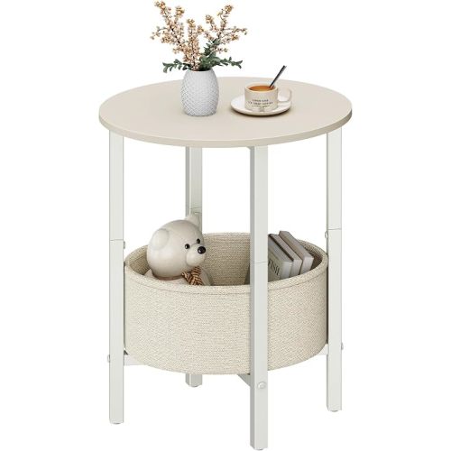 Vagusicc Round Side Table End Table with Storage Basket, Small Side Table Round Nightstand for Small Spaces, Tall Oval End Table with Steel Frame, Coffee Bedside Table for Living Room, Begie