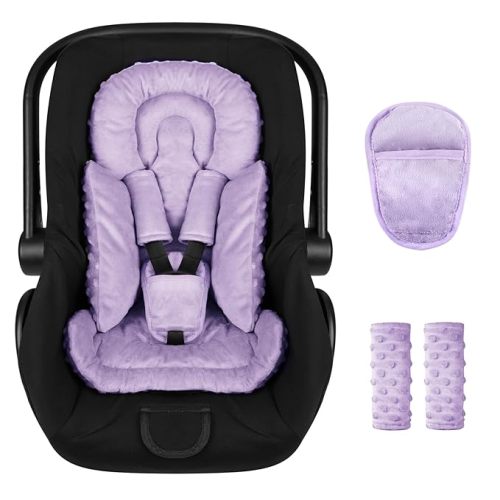 Infant Car Seat Insert Boy Girl, 3 in 1 Newborn Carseat Insert with Strap Pads, Car Seat Head Support for Baby Strollers, Swings, and Bouncers, Comfortable and Machine Washable, Purple