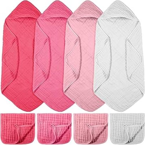 VitalCozy 8 Pcs Baby Muslin Hooded Bath Towels and Washcloths Muslin Cotton Hooded Baby Towels Absorbent Blankets for Gift Newborn Infant Shower (32 x 32 Inch,Bright Colors)