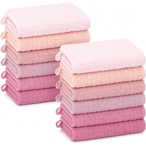 SWEET DOLPHIN 12 Pack Baby Muslin Washcloths - Face Cloths for Newborn, Absorbent Bath Wash Cloths, Wipes, Burp Rag - Toddlers Essentials Stuff, Baby Registry as Shower -10"x10", Hibiscus Sunset