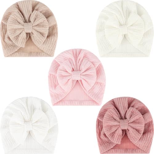 DRESHOW BQUBO 5 Pieces Newborn Baby Turban Hats Bow Baby Infant Beanie Breathable Toddler Cap for Baby Girls