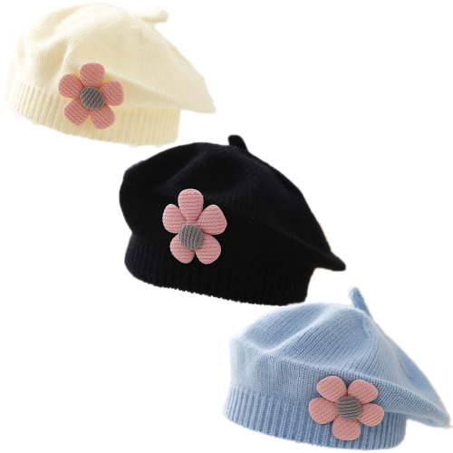 Baby Beret Hat 3Pcs Toddler Winter Knitted Beanie Cap with Cute Flower Little Girls French Hat for 0-3Years