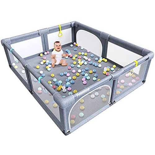 Baby Playpen, Extra Large Play Yard, Indoor & Outdoor Kids Safety Activity Center with Gate & Anti-Slip Rubber Bases, Big Safety Sturdiness Babys Fences for Babies, Infant, Toddler, Childs (Grey)