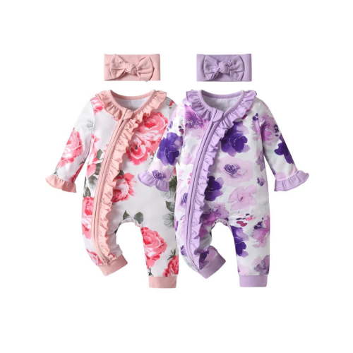 Newborn Baby Girl 2 Pack Print Long Sleeve Romper Clothes Bow Headband Outfit Purple & Pink